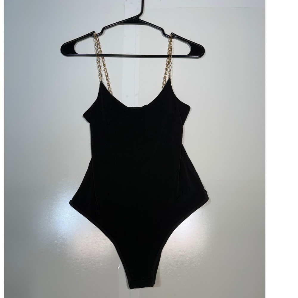 rue21 Bodysuit Small Black Womens Gold Chain Straps Ribbed Stretch Top Excellent